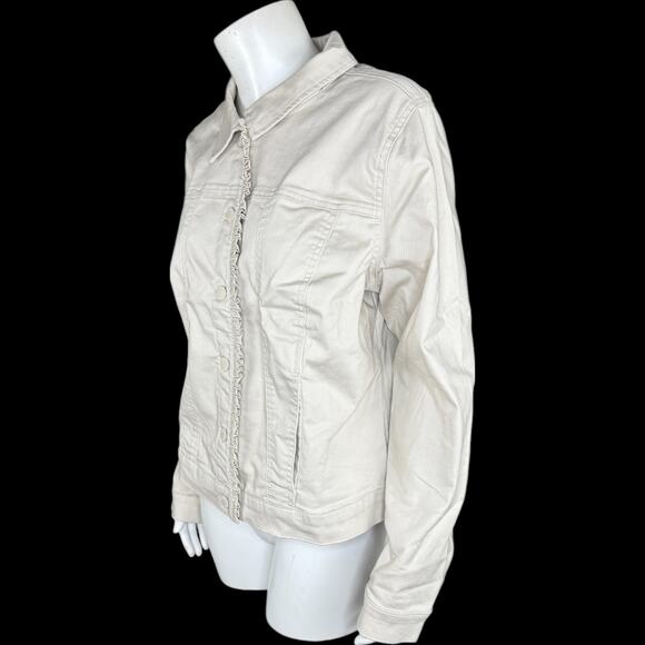 Belle by Kim Gravel Stretch Denim Femme Flutter Ruffle Jacket Sand Bar Medium - Picture 4 of 13